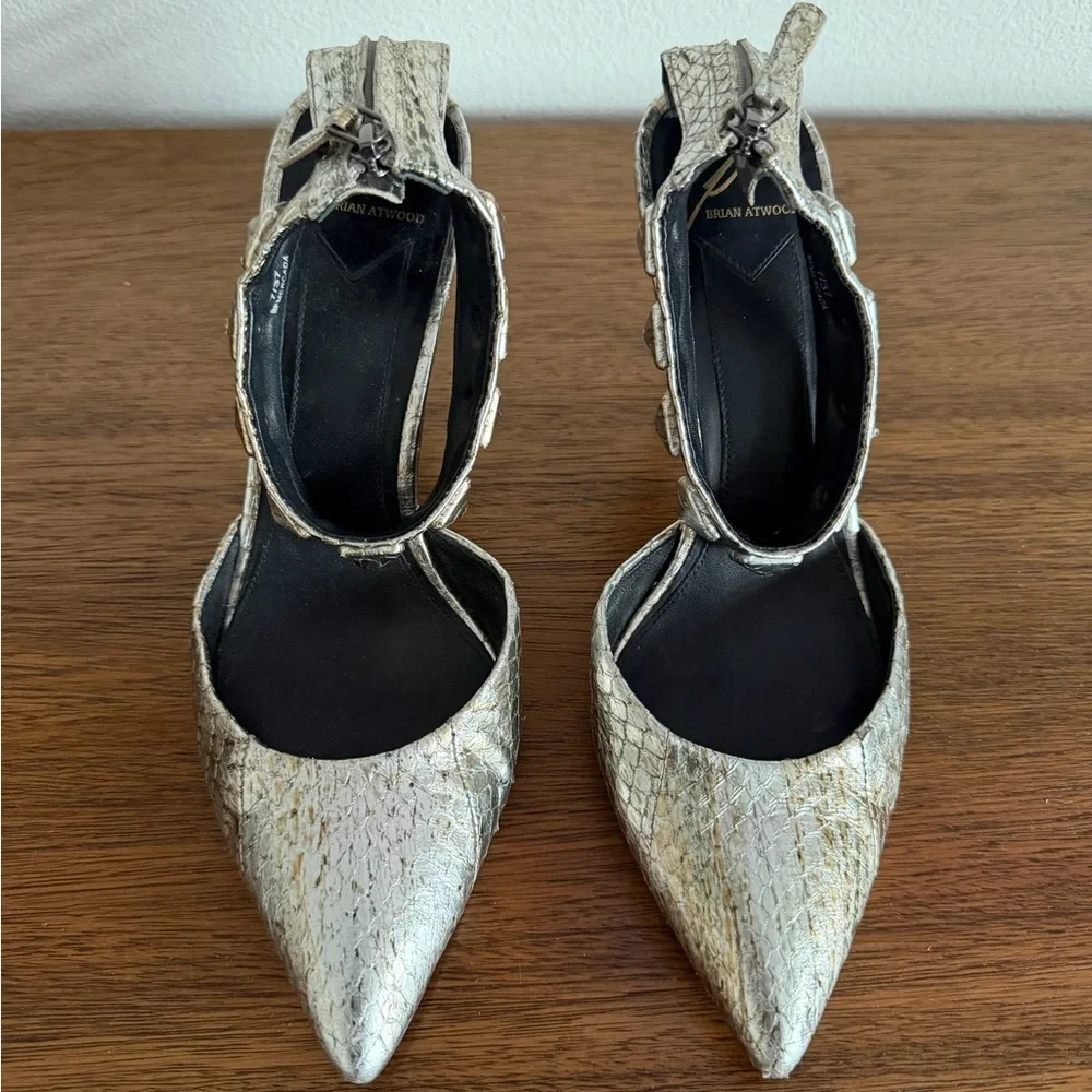 Brian Atwood Metallic Snakeskin Pumps – Embellished Ankle Strap